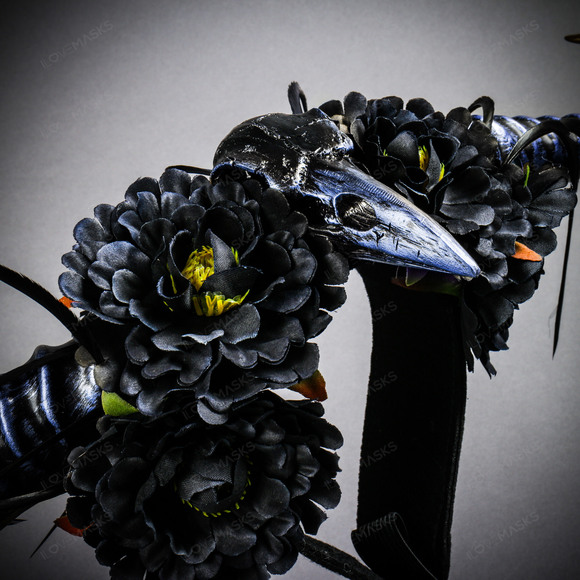 Gothic Demon Long Horn with Flower Head Piece - Black Blue - Picture 4 of 5